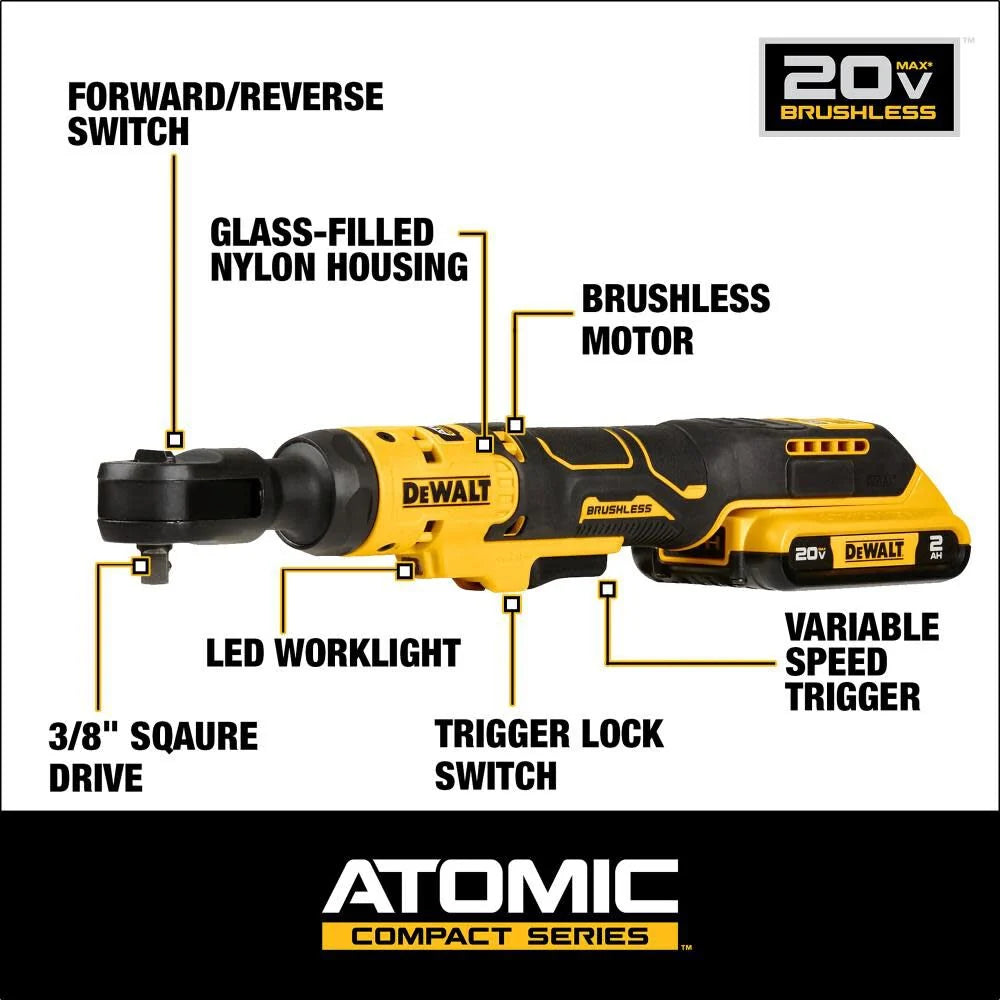DW ATOMIC 20V MAX Ratchet Kit Brushless 3/8 DCF513D1 from DW