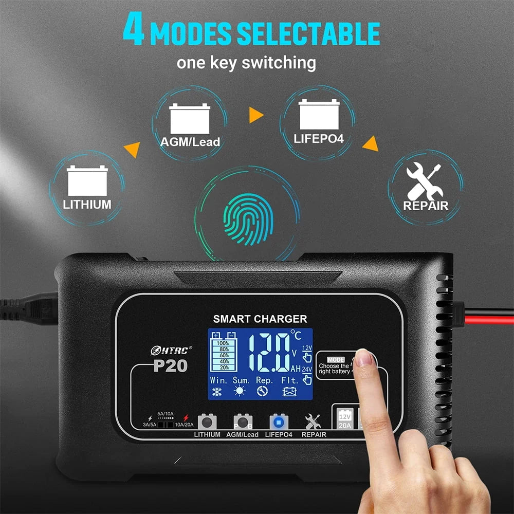 20-Amp Smart Battery Charger,Lithium,LiFePO4,Lead-Acid(AGM/Gel/SLA..) Car Battery Charger,Trickle Charger, Maintainer/deep Cycle Charger,12V/20A and 24V/10A,for Boat,Motorcycle,Lawn Mower,Golf