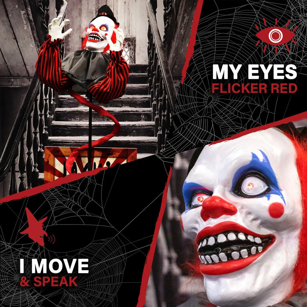 Haunted Hill Farm Life-Size Talking Clown Jack in The Box, Halloween Animatronic with Motion and Touch Activated Lights and Sounds, Battery Operated Indoor or Covered Outdoor Halloween Decorations