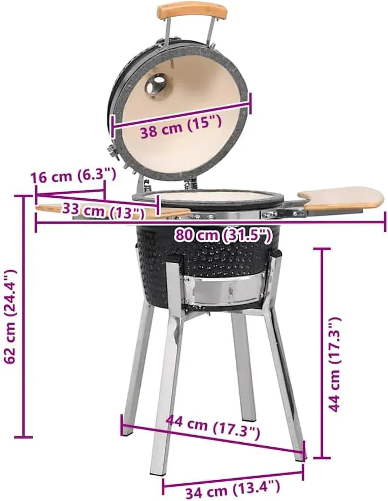 vidaXL Durable Ceramic Kamado Grill Smoker - Versatile 31.9 Charcoal/Wood-Fueled BBQ Grill with Built-in Thermometer and Hinged Lid, Foldable Side Shelves