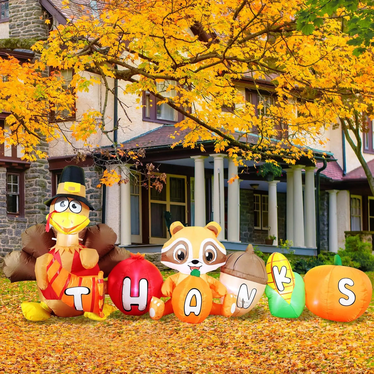 DomKom 8FT Thanksgiving Inflatable Turkey Outdoor Decor - Turkey and Vegetables Blow Up with Lights for Yard, Fun Autumns Fall Harvest Happy Thanksgiving Holiday Inflatable Decoration