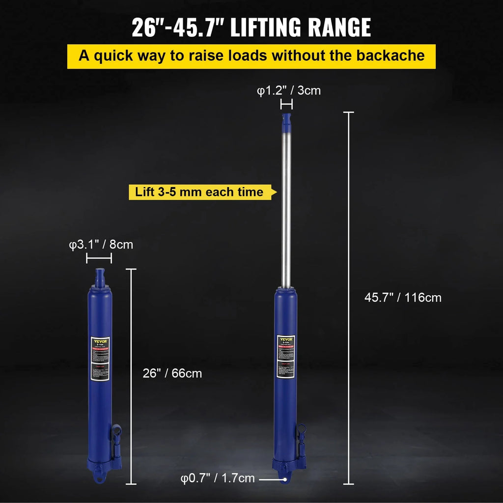 VEVOR Hydraulic Long Ram Jack, 8 Tons/17363 lbs Capacity, with Single Piston Pump and Clevis Base, Manual Cherry Picker with Handle, for Garage/Shop Cranes, Engine Lift Hoist, Blue
