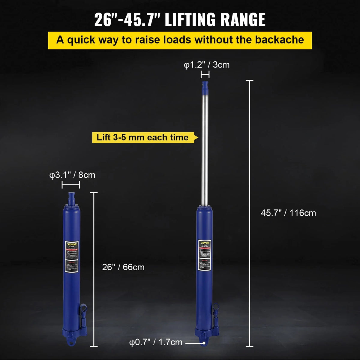 VEVOR Hydraulic Long Ram Jack, 8 Tons/17363 lbs Capacity, with Single Piston Pump and Clevis Base, Manual Cherry Picker with Handle, for Garage/Shop Cranes, Engine Lift Hoist, Blue