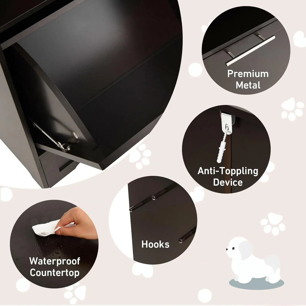 Dog Food Cabinet Feeding Station with 2 Raised Bowls, Pull Out Elevated Dog Bowl, Storage, 3 Hangers, Pet Feeder Toy Leashes Organizer, Brown