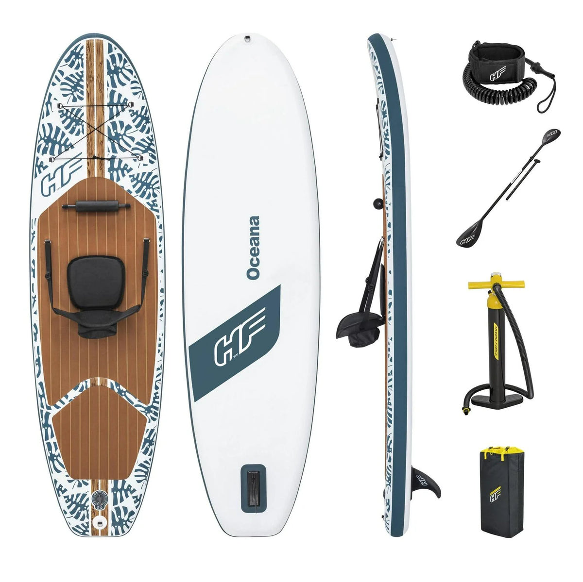 Hydro-Force Oceana 10 Ft. Inflatable Convertible Stand-up Paddle Board and Sit-on Kayak Set， Wood and Palm Print