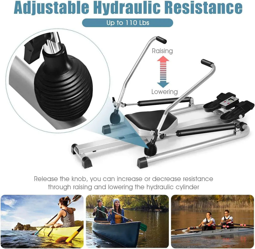 Rowing Machine for Home, 265LBS Weight Capacity Hydraulic Rowing Machine with Adjustable Cylinder Resistance up to 110lbs & LCD Monitor, Compact Full Motion Rower for at Home Exercise