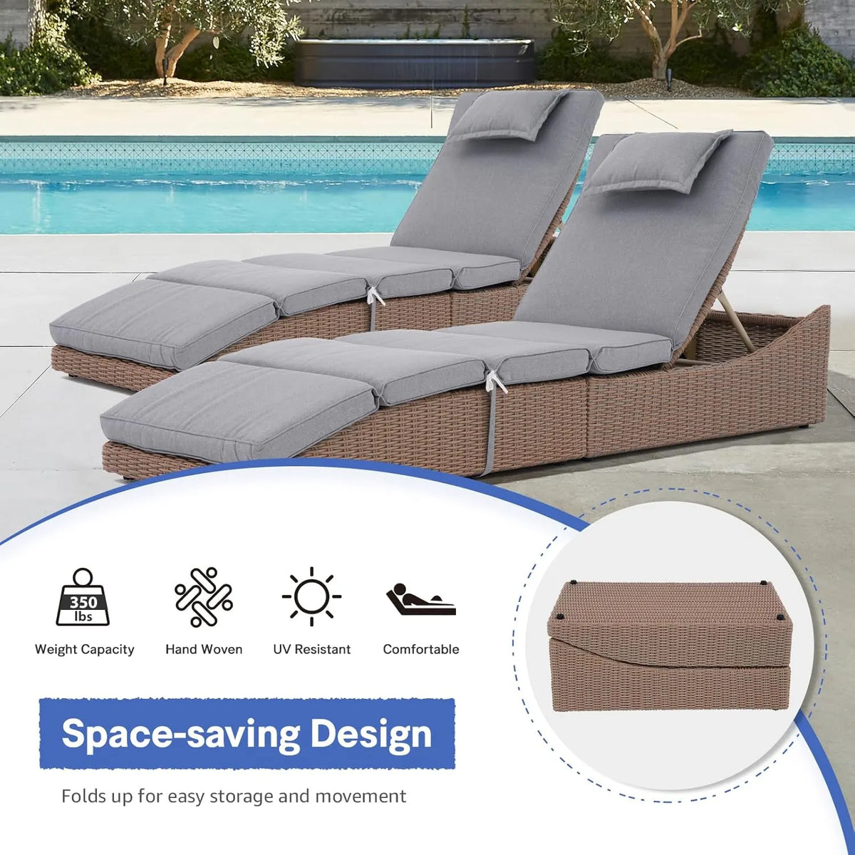 Soleil Jardin Folding Pool Lounge Chair Set of 2 Outdoor Adjustable Chaise Lounge Chair, Fully Assembled, Patio Reclining Sun Lounger, Natural Color Rattan & Gray Cushion