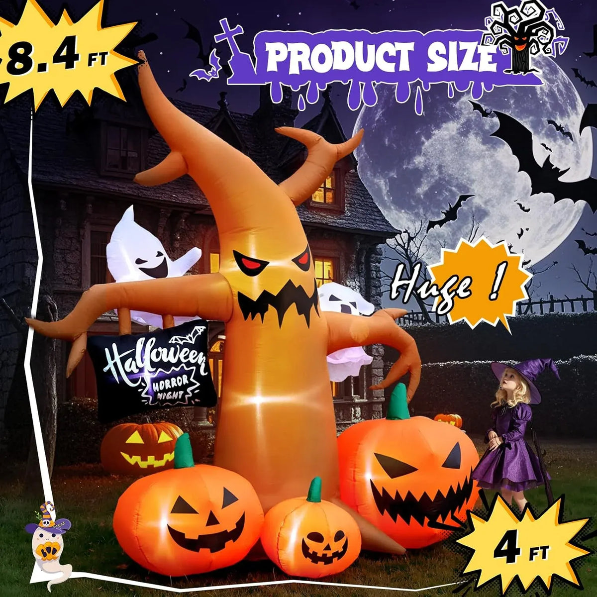 Halloween Inflatables Large Outdoor Decorations: 8FT Spooky Halloween Tree Decor with Blow up Ghosts, Pumpkins Built-in LED Lights for Halloween Party Outside Lawn Yard Decoration