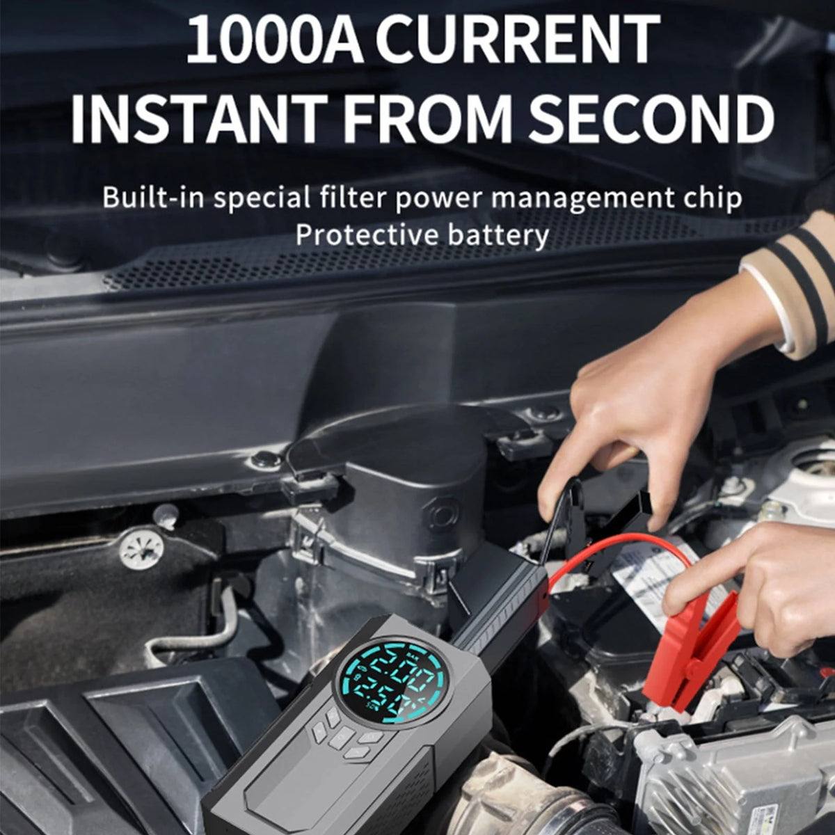 COFEST Car Inflator Battery Jump 2-in-1 1000A Emergency Start Power Supply 12V Battery Pack Battery Booster Jump Box Portable Charger Jumper Cables LED Display Screen Black