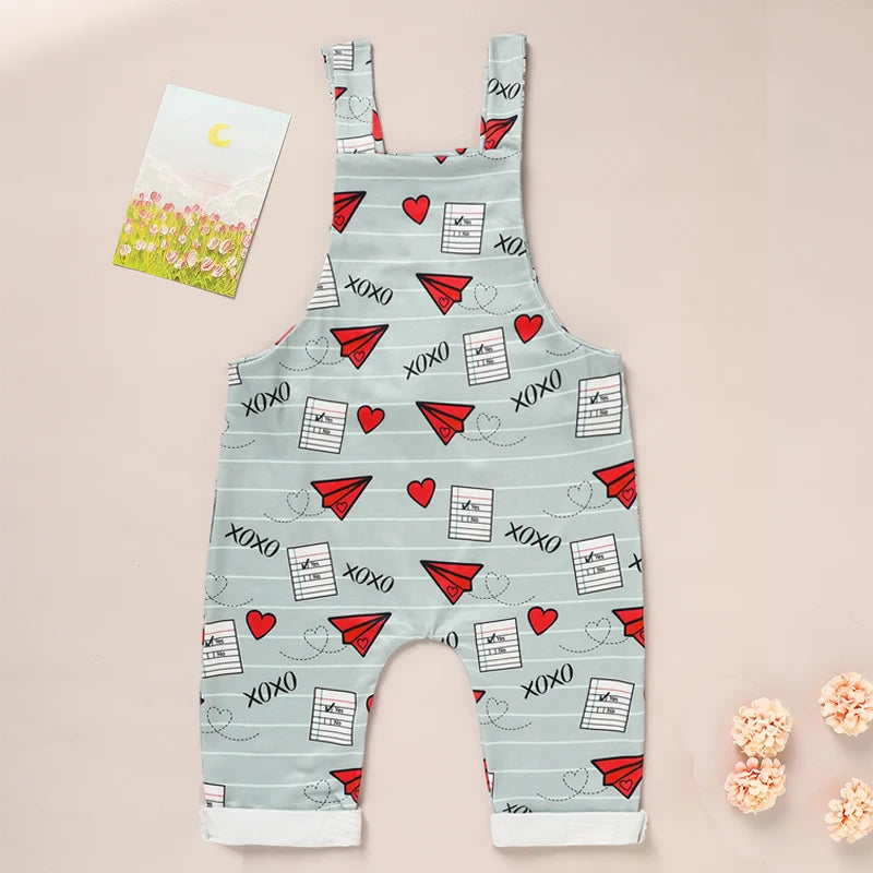 Baby Boy Girl's Casual Heart & Paper Plane Print Overalls, Adjustable Strap Romper For Spring Fall