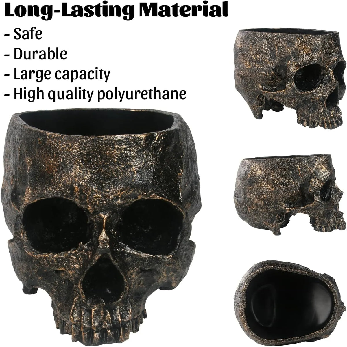 7lb Capacity Extra Large Halloween Skull Candy Dish - Deep Skull Head Halloween Candy Bowl Holder Artificial Resin Skulls Decor Indoor Outdoor Table Centerpieces Flower Pot Plant Office Pen Holder