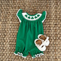 Baby Short Sleeve Romper With Clover Embroidery, Ruffle Trim Playsuit For Summer Vacation