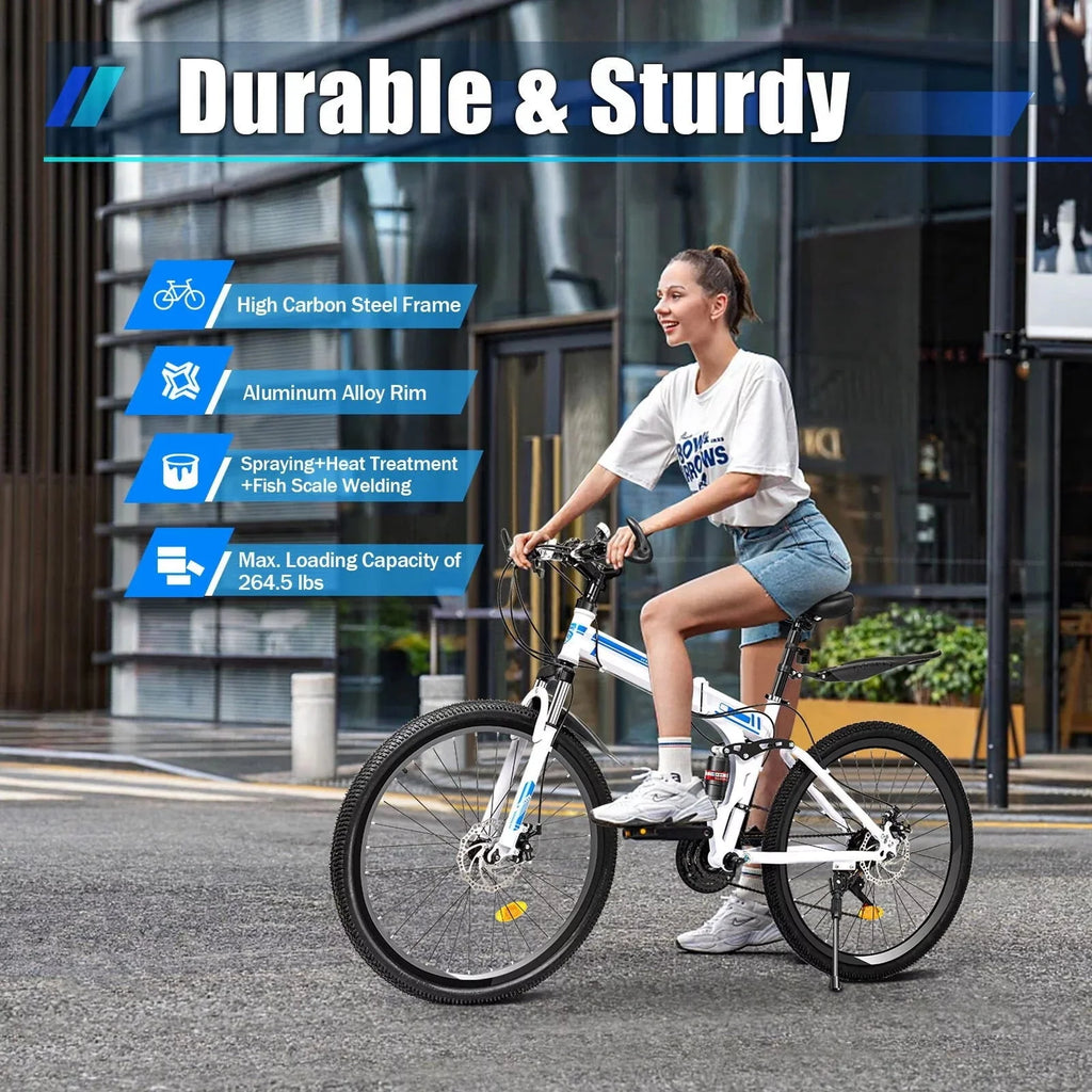 Wuzstar 26 Mountain Folding Bike 21-Speed High-Carbon Steel Mountain Bicycle with Dual Disc-Brake