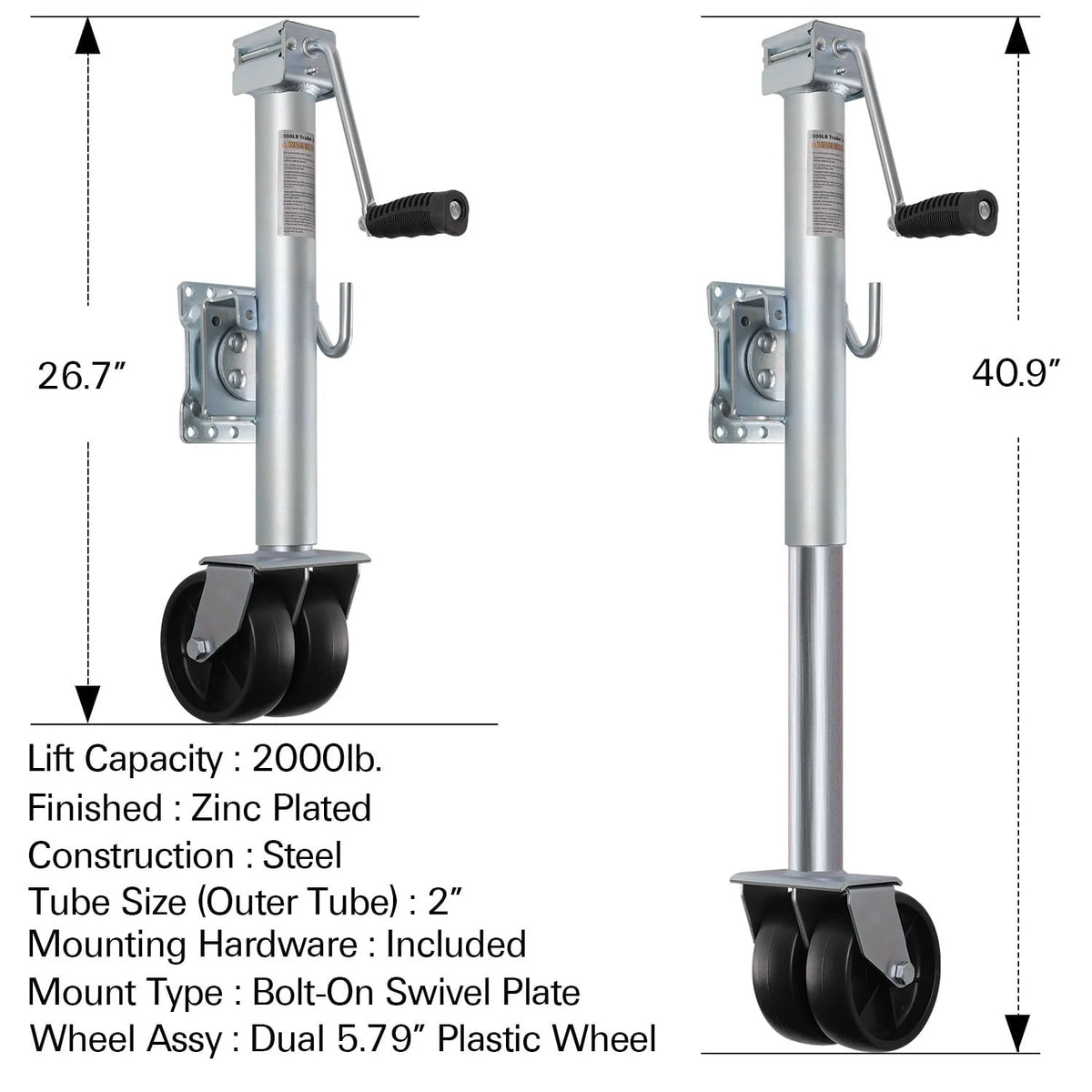 Weize Trailer Jack, Heavy Duty Swivel Boat Trailer Jack with Dual Wheels, 2000 lbs, 14 Lift