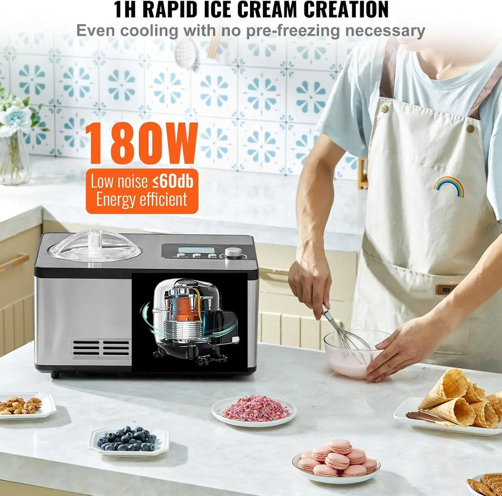 Automatic Ice Cream Maker with Built-in Compressor, 2 Quart No Pre-freezing Fruit Yogurt Machine, Stainless Steel Electric Sorbet Maker, 3 Modes Gelato Maker with LCD Display & Timer, Silver