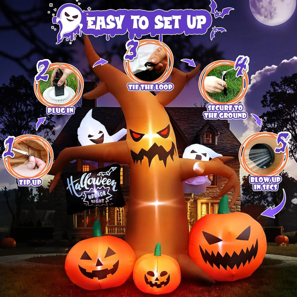 Halloween Inflatables Large Outdoor Decorations: 8FT Spooky Halloween Tree Decor with Blow up Ghosts, Pumpkins Built-in LED Lights for Halloween Party Outside Lawn Yard Decoration