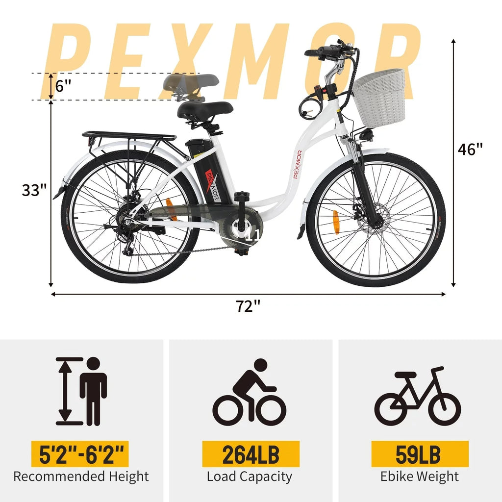 PEXMOR Electric Bike for Adults, 350W (Peak 500W) City Commuter Ebike 36V 12.5AH Removable Battery, 26 Cruiser Electric Bicycle Shimano 6-Speed | Dual Shock Absorber | Basket