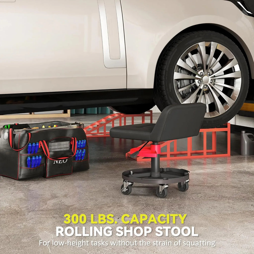 Rolling Mechanic Stool, 300 LBS Capacity Pneumatic Creeper Garage Stool with 360° Wheels, Backrest, Heavy Duty Roller Seat Padded Shop Chair with Tool Tray Storage, Adjustable Height, Black