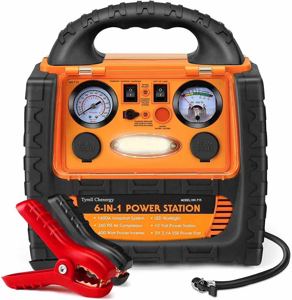 Tyrell Chenergy Power Station 1400 Amp Battery Jump Starter， 110V 400W Power Inverter Battery Booster Pack with AC/DC Outlet & Air Compressor, Portable Power Station Charger