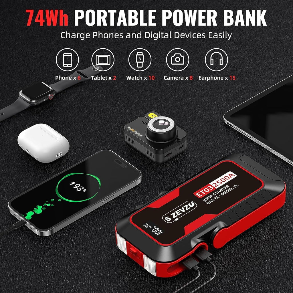 ET03 Car Jump Starter 2500A Jump Starter Battery Pack for Up to 8.0L Gas and 7.0L Diesel Engines, 74Wh Portable 12V Jump Box with USB Ports, LCD Display, Storage Case, and LED Light