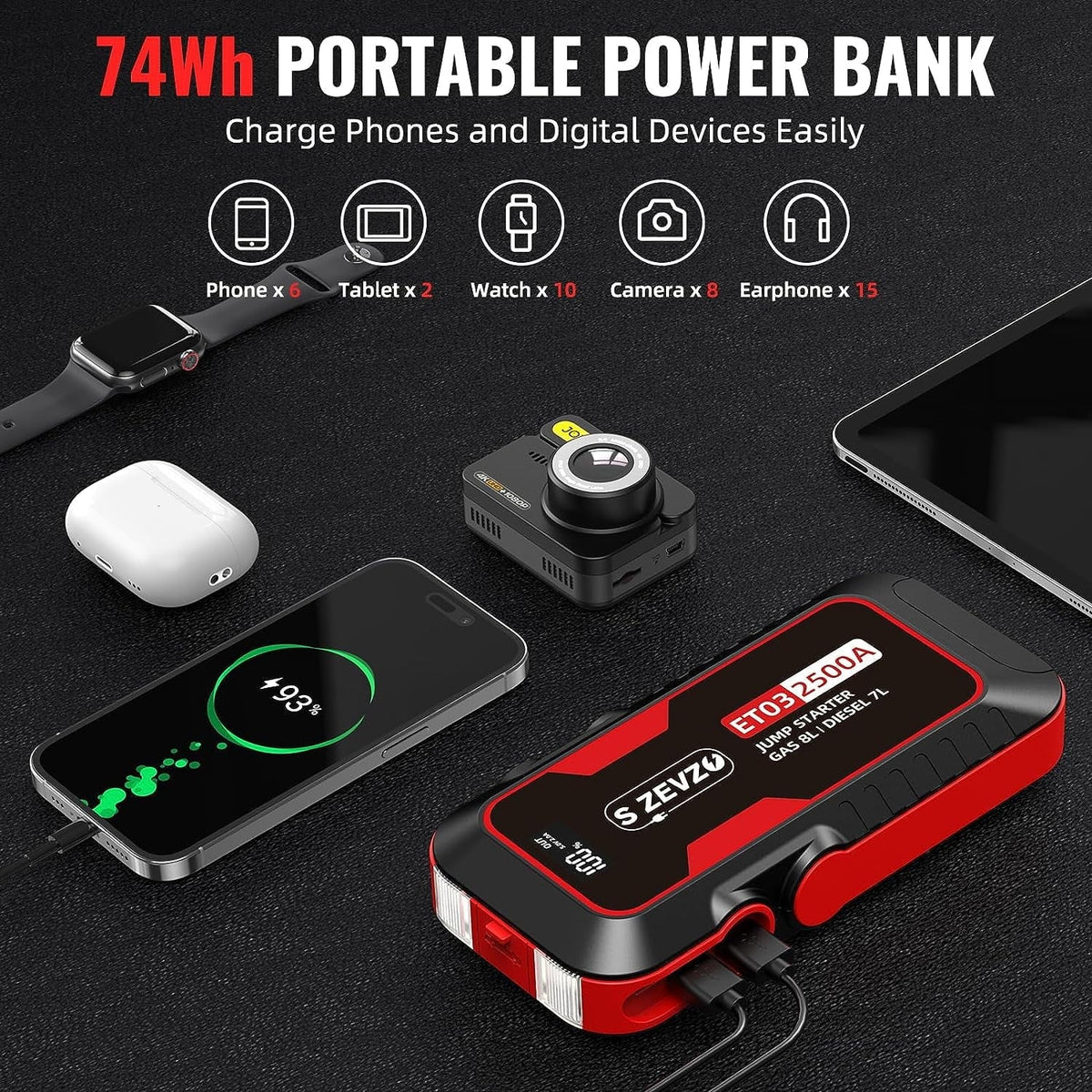 ET03 Car Jump Starter 2500A Jump Starter Battery Pack for Up to 8.0L Gas and 7.0L Diesel Engines, 74Wh Portable 12V Jump Box with USB Ports, LCD Display, Storage Case, and LED Light