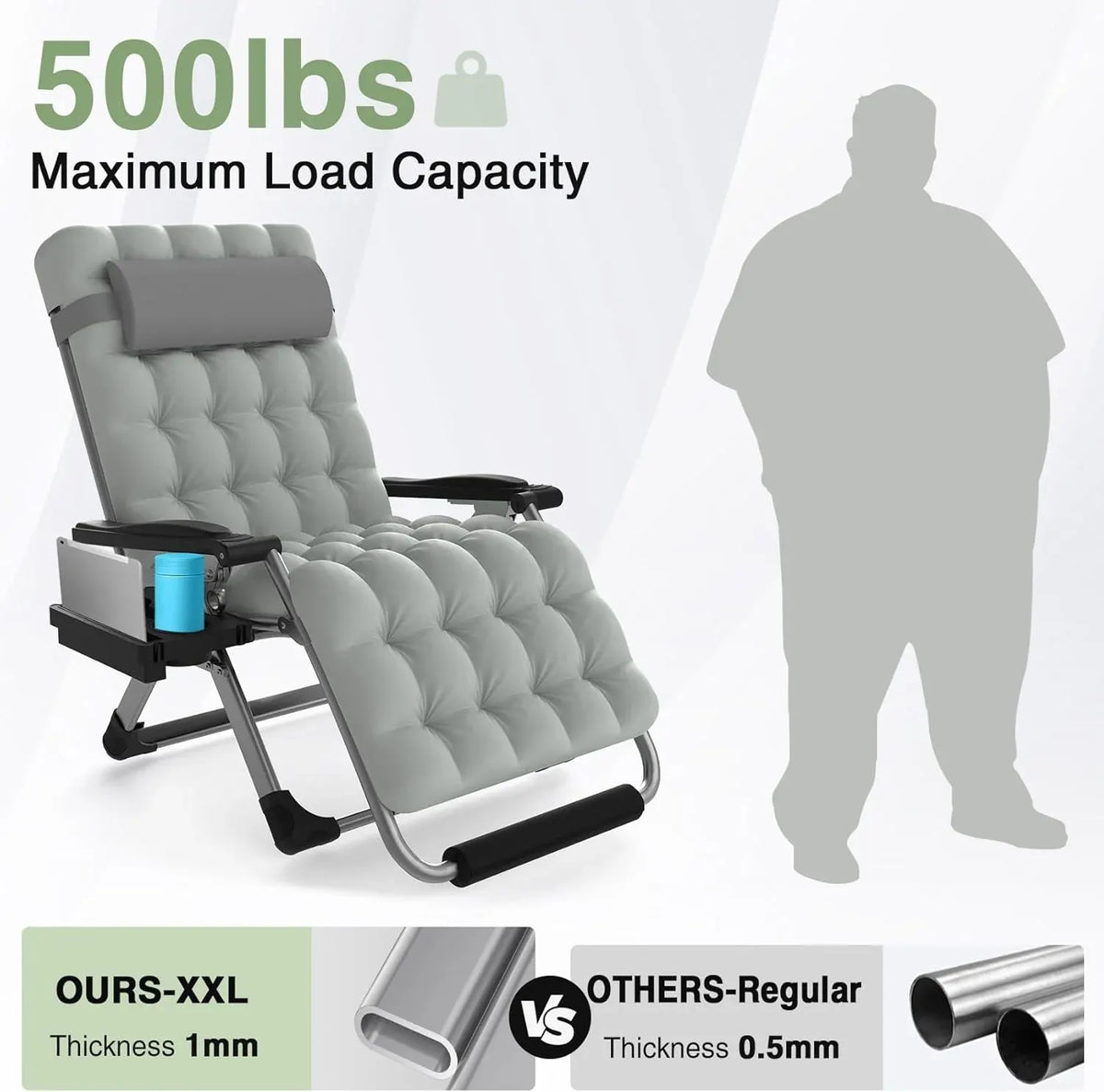 Slendor Oversized Padded Zero Gravity Chair XXL, 33inch Zero Gravity Recliner, Folding Reclining Lounge Chair,Indoor Outdoor Patio Chairs with Pillow, Cushion, Footrest,Cup Tray, Support 500lbs, Grey