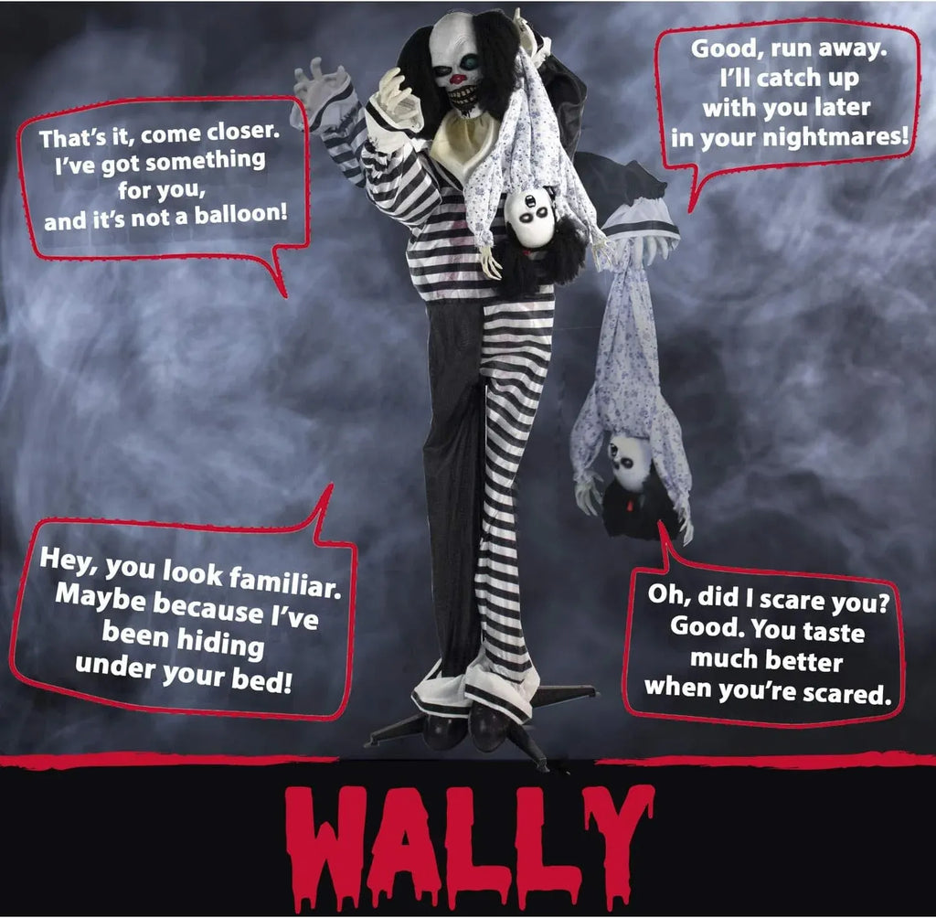 Haunted Hill Farm Life-Size Animatronic Scary Talking Clown with Doll, Motion, Touch Activated Lights, and Sounds, Indoor or Covered Outdoor Halloween Decorations, Battery Operated Halloween Props