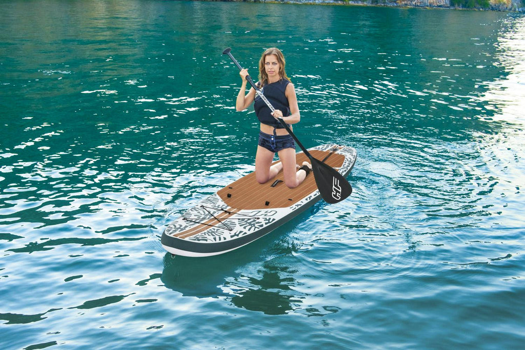 Hydro-Force Oceana 10 Ft. Inflatable Convertible Stand-up Paddle Board and Sit-on Kayak Set， Wood and Palm Print