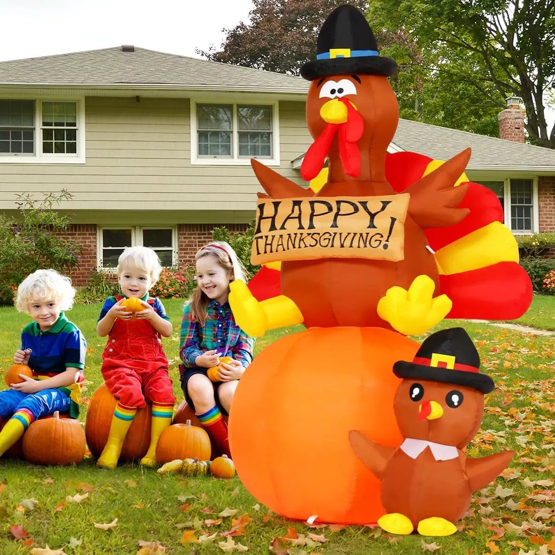 6 FT Thanksgiving Inflatables Turkey Outdoor Decorations Blow Up Yard Turkey on Pumpkin with Turkey Baby with Built-in LEDs for Indoor Party Garden Lawn Decor