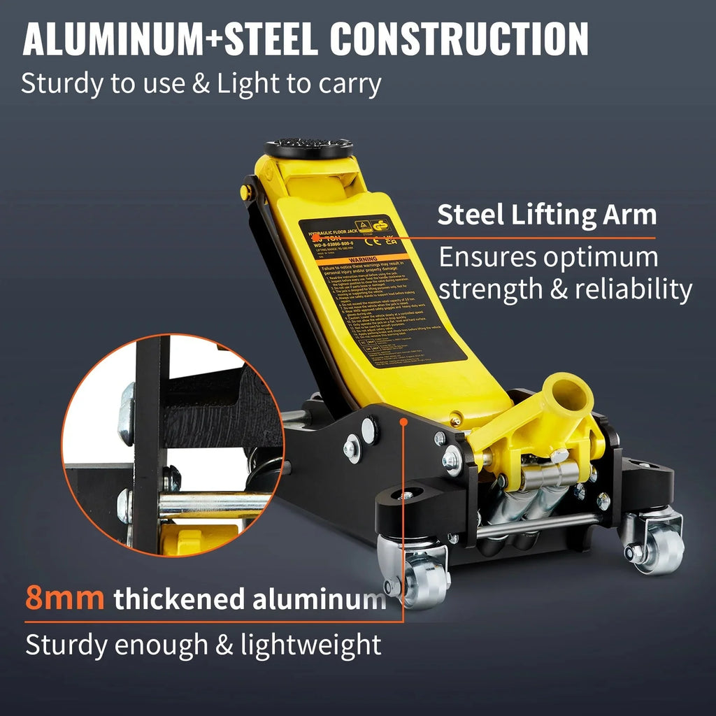 SKYSHALO Low Profile Floor Jack 3 ton (6600 lbs), Dual Piston Quick Lift Pump, 19-11/16-3-6/11 Height Lifting Range, Yellow+Black, Aluminum and Steel Hydraulic Racing Floor Jack