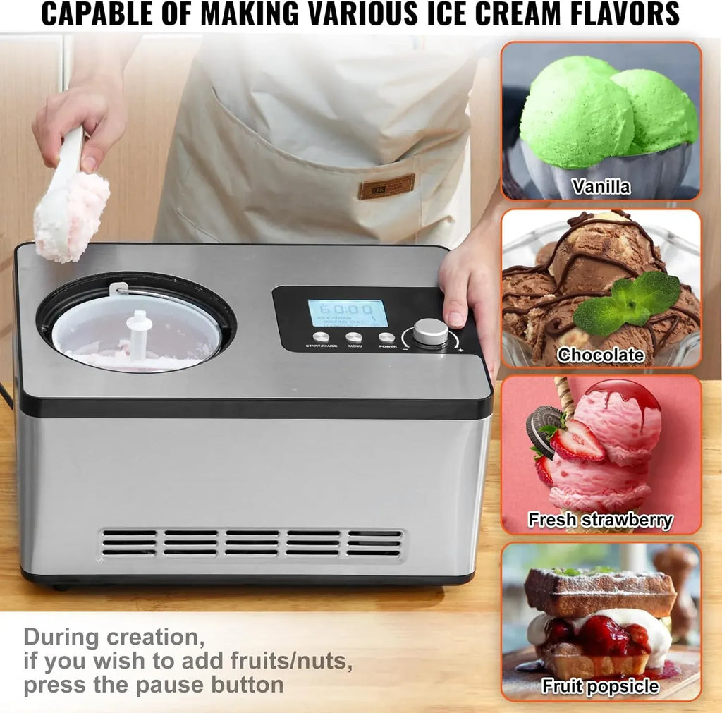 Automatic Ice Cream Maker with Built-in Compressor, 2 Quart No Pre-freezing Fruit Yogurt Machine, Stainless Steel Electric Sorbet Maker, 3 Modes Gelato Maker with LCD Display & Timer, Silver