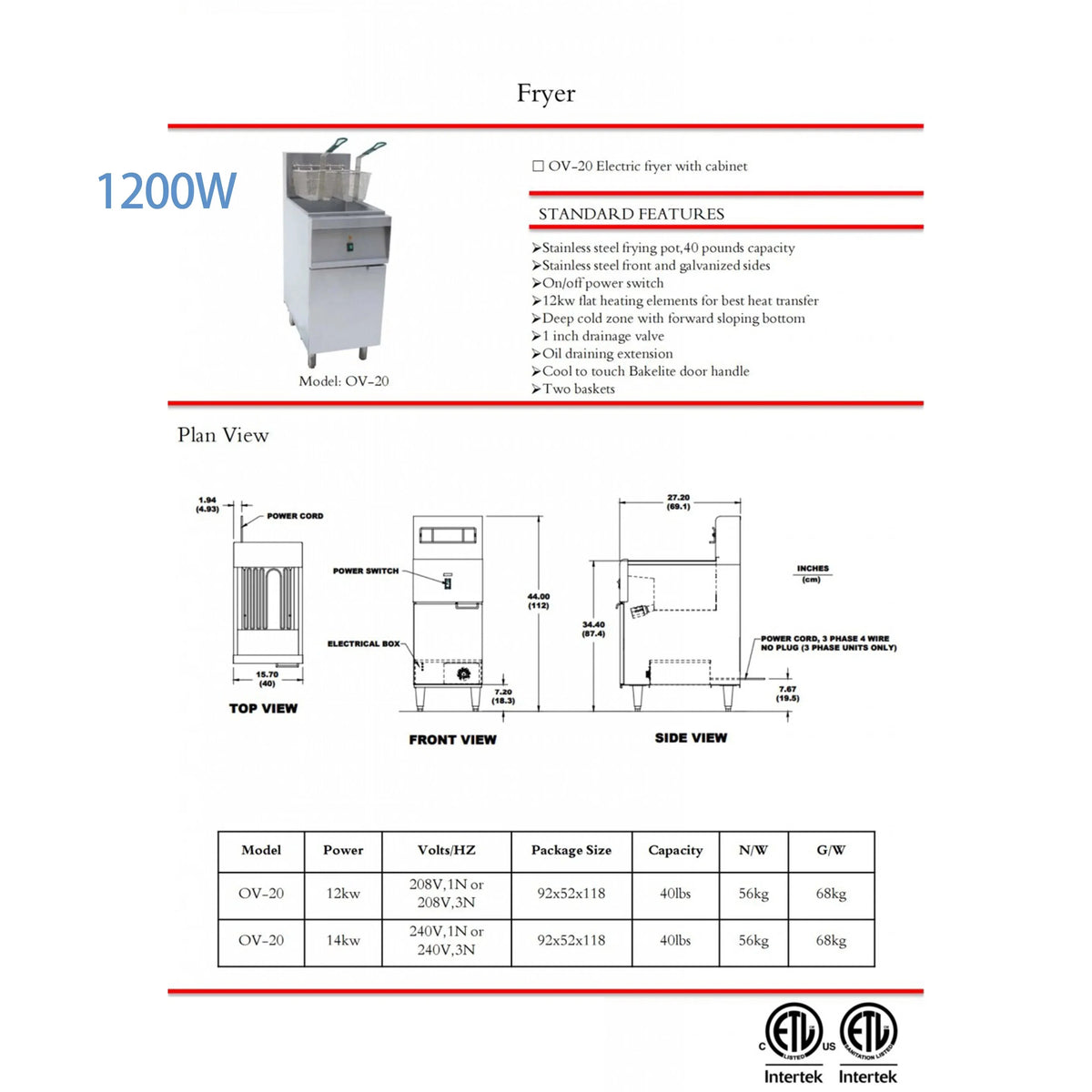 40lbs Electric Deep Fryer 220V, Commercial Fryer with Two Basket 1200W