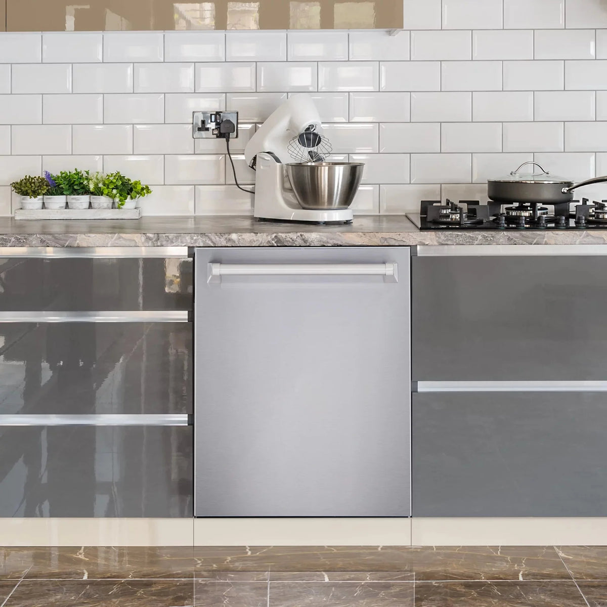 Cosmo 4 Piece Kitchen Appliance Packages with 30 Freestanding Electric Range 30 Wall Mount Hood 24 Built-in Integrated Dishwasher & French Door Refrigerator Kitchen Appliance Bundles