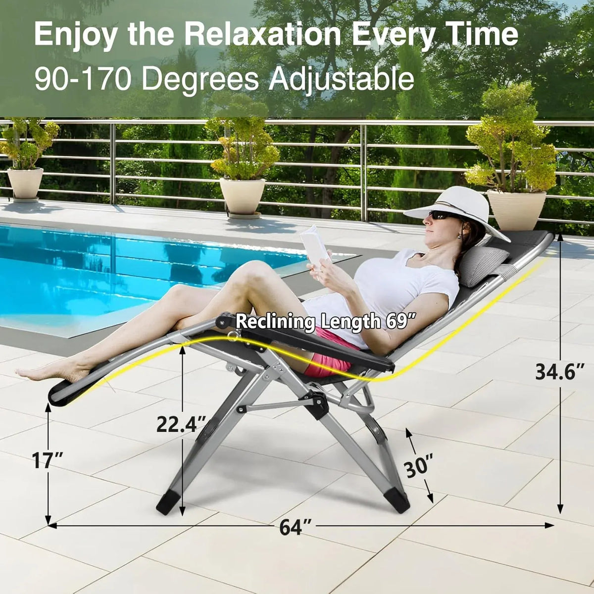 Slendor Oversized Padded Zero Gravity Chair XXL, 33inch Zero Gravity Recliner, Folding Reclining Lounge Chair,Indoor Outdoor Patio Chairs with Pillow, Cushion, Footrest,Cup Tray, Support 500lbs, Grey