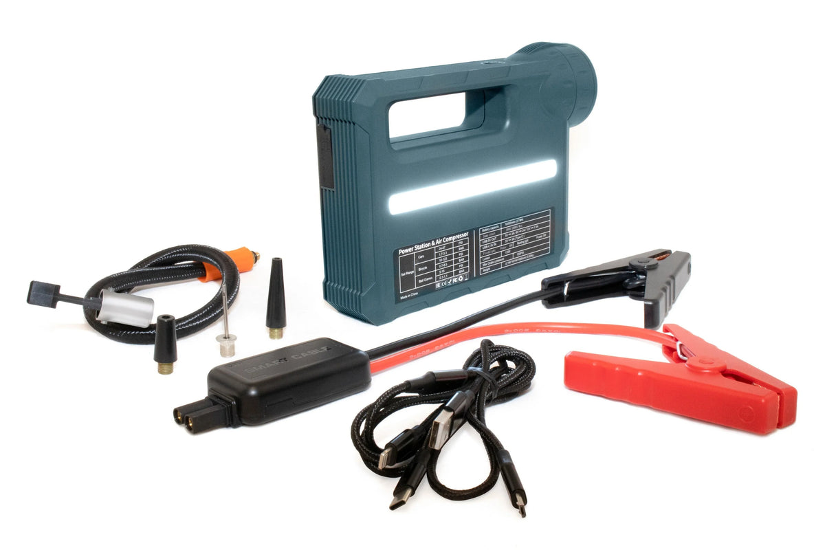 FORTLUFT JS002 Portable Power Station Jump Starter & Air Compressor: 1000 Peak/400 Instant Amps- 150 PSI Digital Air Compressor - USB Port - LED Flashlight - Battery Clamps
