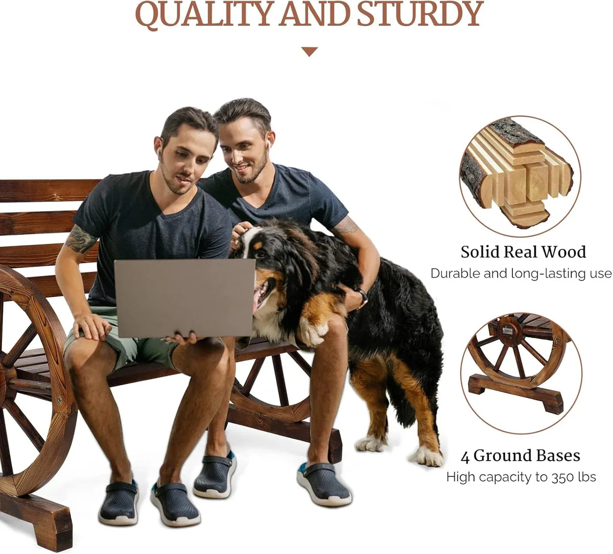 VINGLI 41 Rustic Wooden Wheel Bench Outdoor Bench, 2-Person Patio Bench Wagon Slatted Seat, Garden Benches for Outdoors 350lbs High Capacity, Weather Resistance