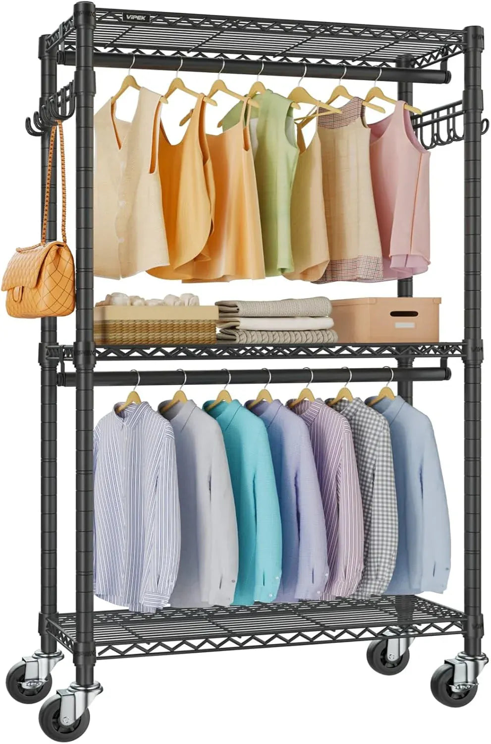 R2 Plus Heavy Duty Rolling Garment Rack 3 Tiers Adjustable Wire Shelving Clothes Rack with Double Rods and Side Hooks, Freestanding Wardrobe Storage Rack Metal Clothing Rack, Black