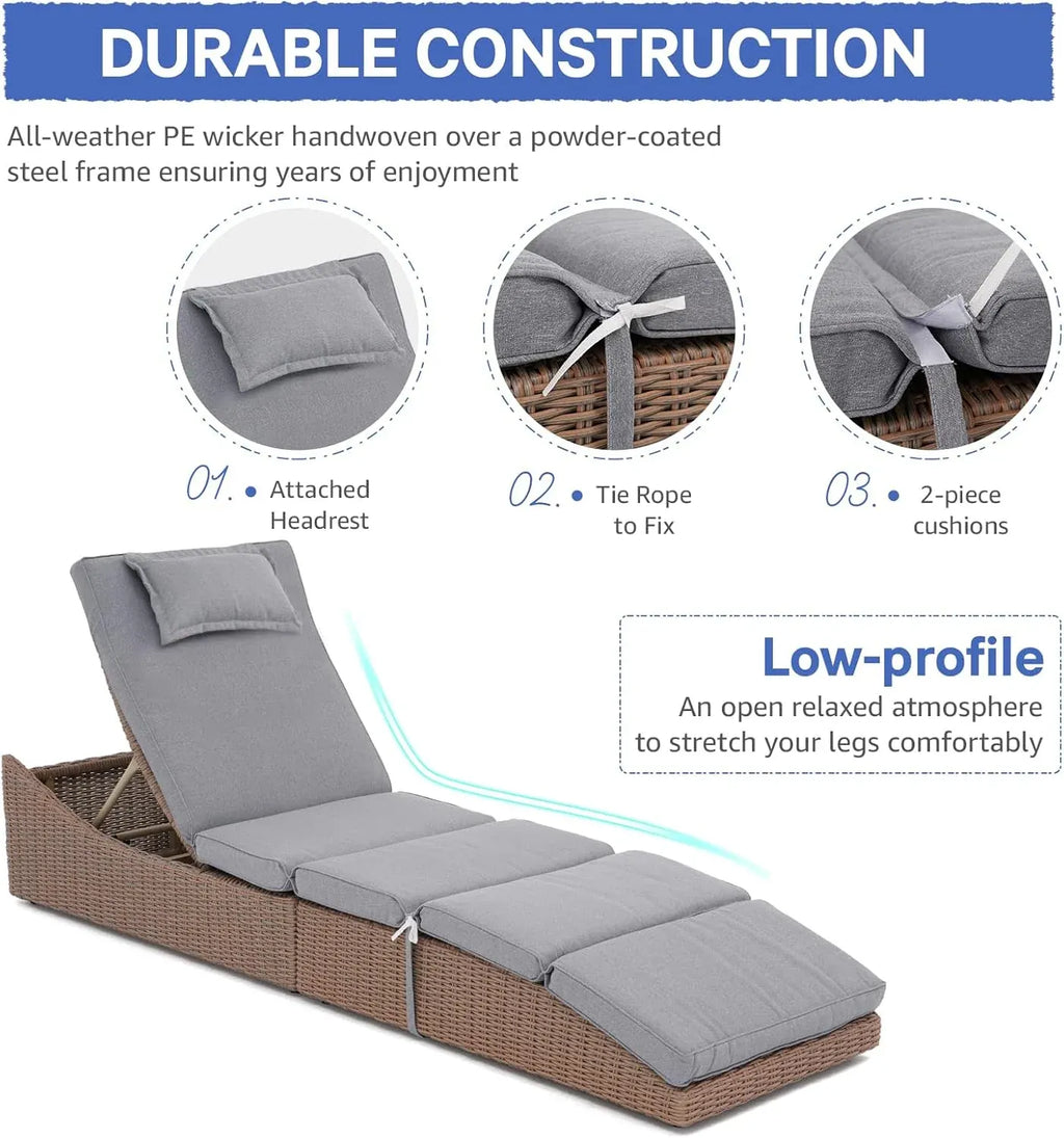 Soleil Jardin Folding Pool Lounge Chair Set of 2 Outdoor Adjustable Chaise Lounge Chair, Fully Assembled, Patio Reclining Sun Lounger, Natural Color Rattan & Gray Cushion