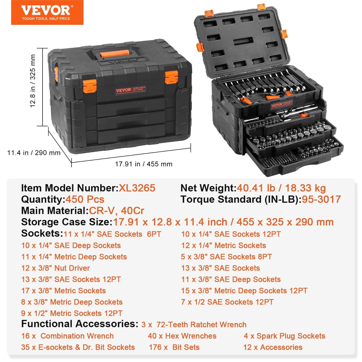 SKYSHALO Mechanic Tool Socket Set 1/2, 3/8 and 1/4 inch Drive SAE & Metric Size, 450 Piece with Tool Box Storage Case for for Home, Household, Garage, Bike, Car Trunk, Automotive, Mechanic Projects