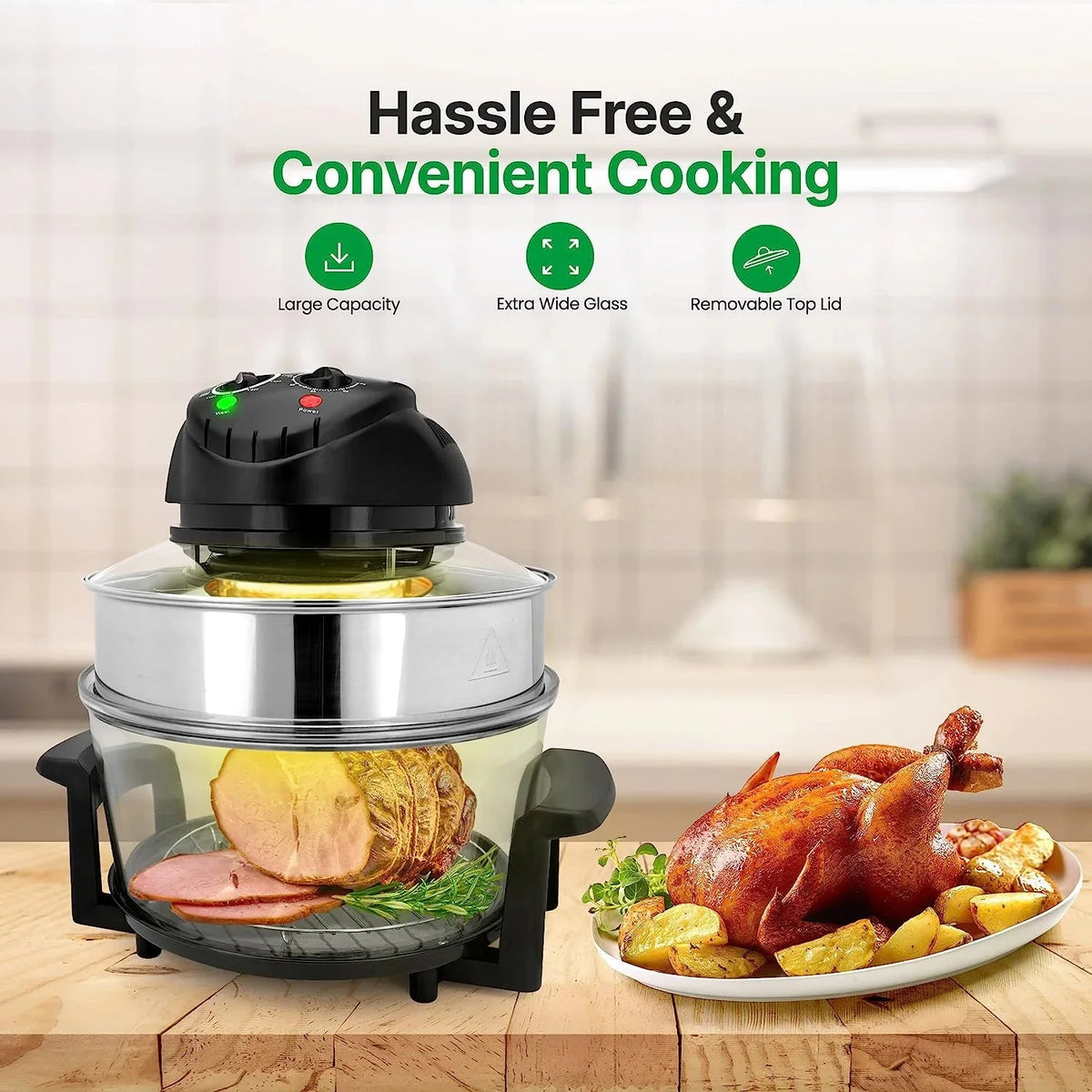 18 Quart Convection Countertop Air Fryer - See through Glass for Best Cooking Results - Air Fryer, Roaster, Bake, Grill, Steam & Roast - Includes Glass Bowl, Broil Rack & Toasting Rack