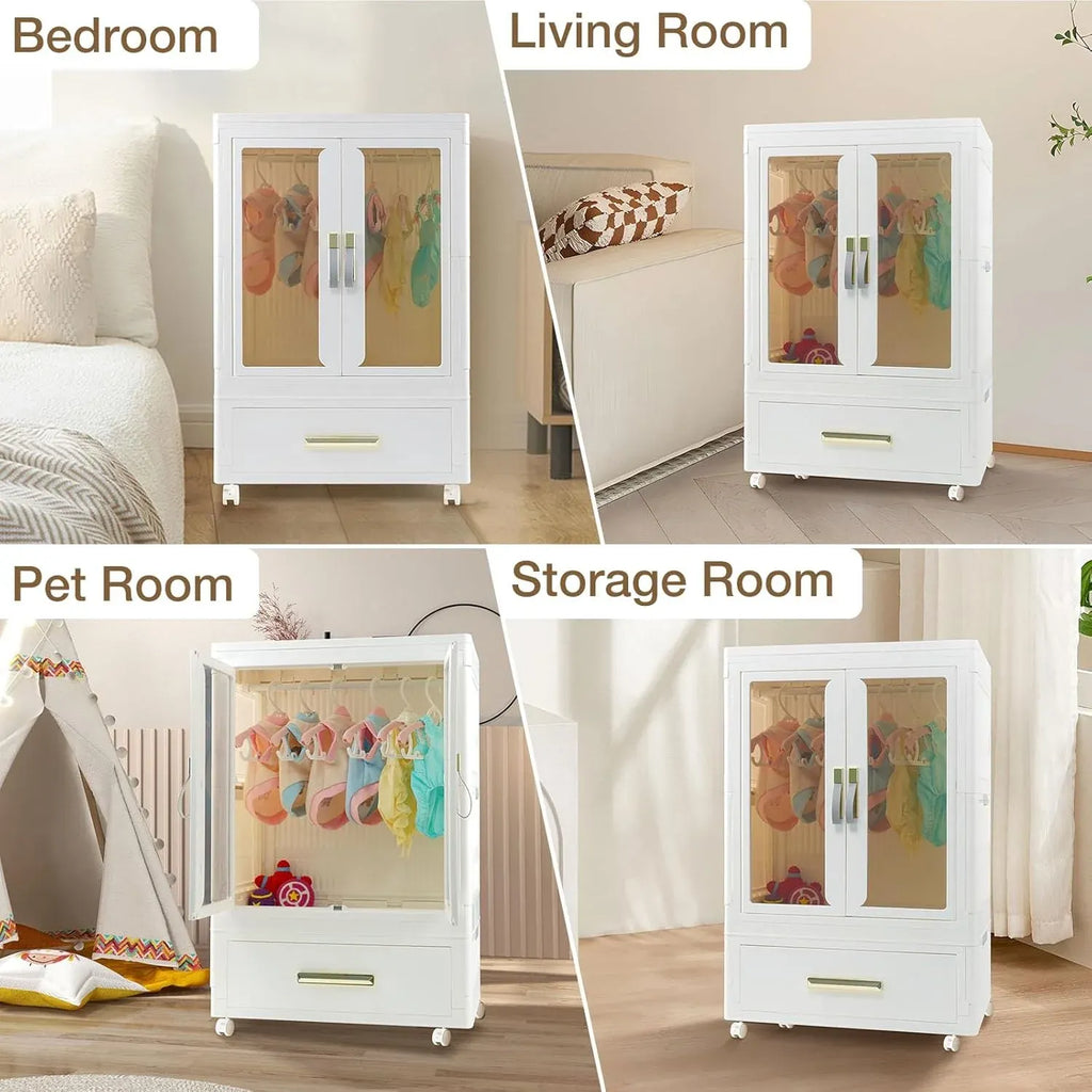 Pet Wardrobe Closet - Stackable Storage Bins with Doors, Wheels, and Hanging Rods - Stackable Drawers - Dog Accessories, Toys, Clothes