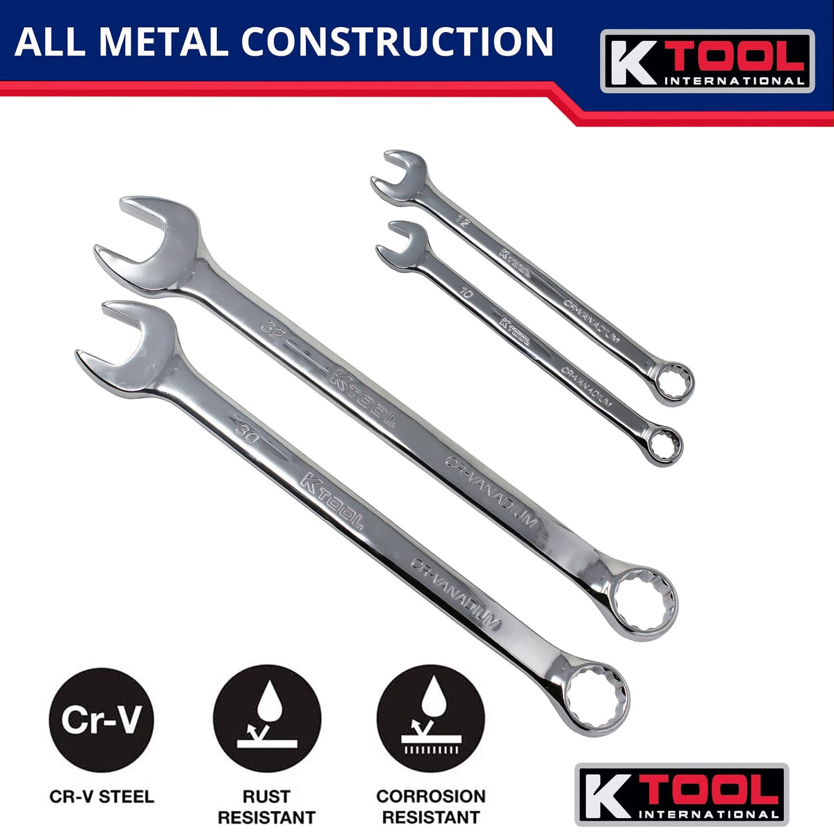 K Tool International 41803 Metric Combination Wrench Set for Garages, Repair Shops, and DIY, Chrome Plated, 12-point, Laser Engraved, Corrosion/Rust Resistant, 8-32mm Wrenches, 23-slot Sleeve