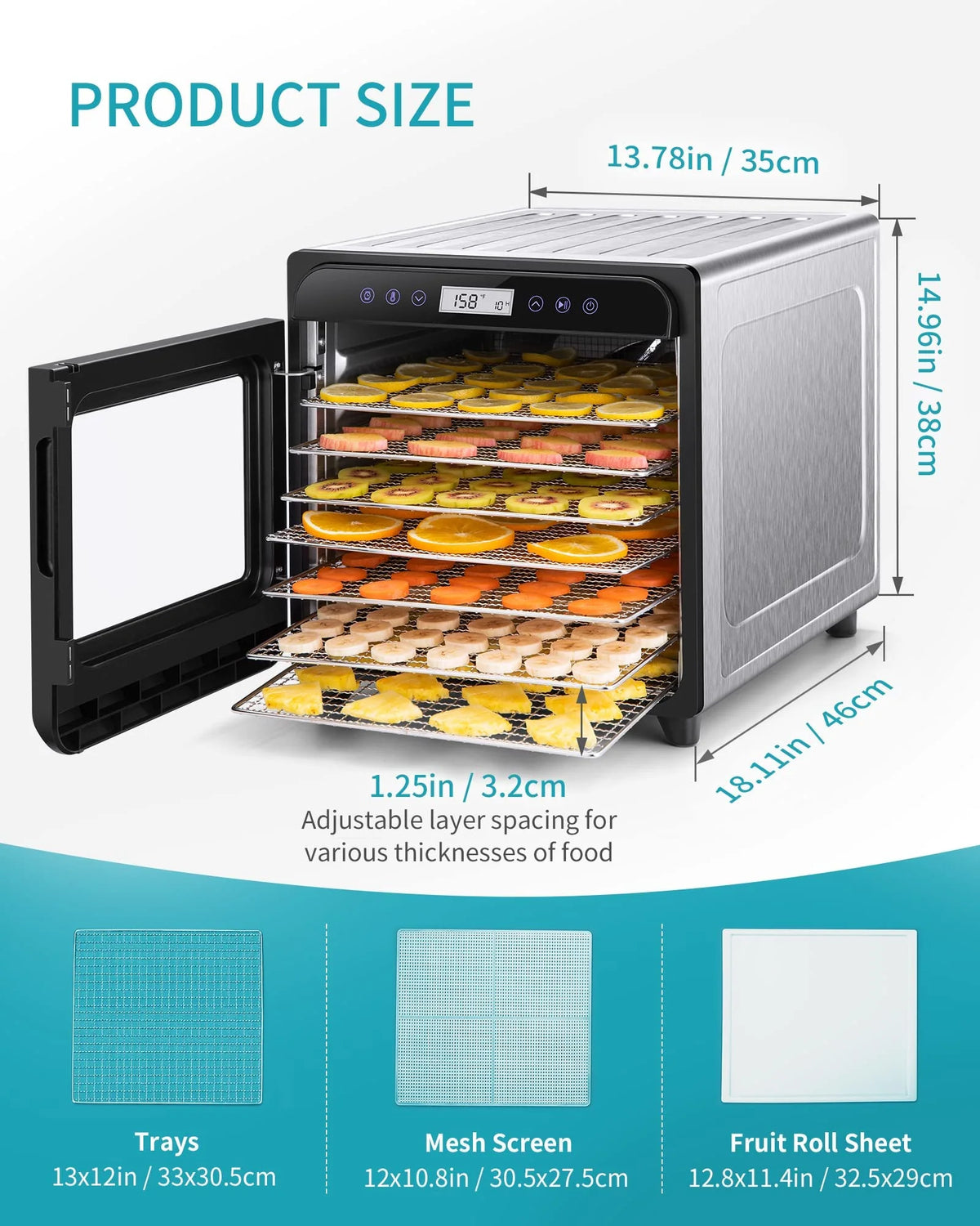 Ultrean Food Dehydrator, 8 Stainless Steel Trays Large Dehydrator, 600w Food Dryer Machine for Jerky, Fruit, Veggies, Meat, Yogurt, Adjustable Digital Timer and Temperature Control (Rscipe Book Included)