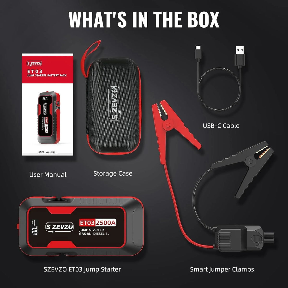 ET03 Car Jump Starter 2500A Jump Starter Battery Pack for Up to 8.0L Gas and 7.0L Diesel Engines, 74Wh Portable 12V Jump Box with USB Ports, LCD Display, Storage Case, and LED Light