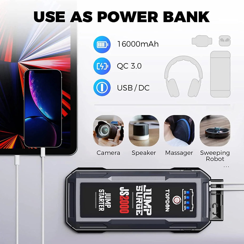 Car Battery Charger Jump Starter, TOPDON JS2000 12V 2000A Peak Portable Battery Booster Battery Jump Starter for Up to 8L Gas/6L Diesel Engines