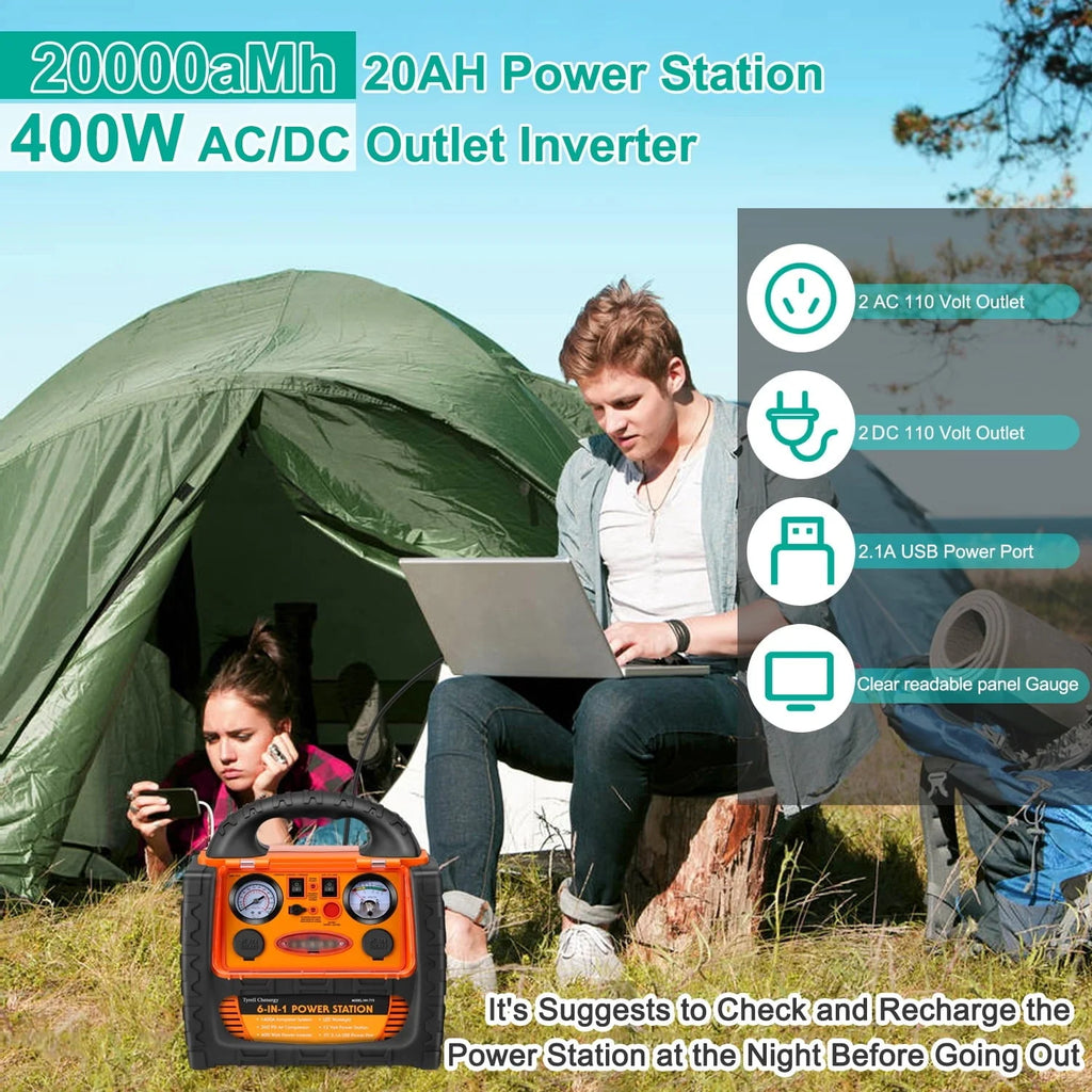 Tyrell Chenergy Power Station 1400 Amp Battery Jump Starter， 110V 400W Power Inverter Battery Booster Pack with AC/DC Outlet & Air Compressor, Portable Power Station Charger