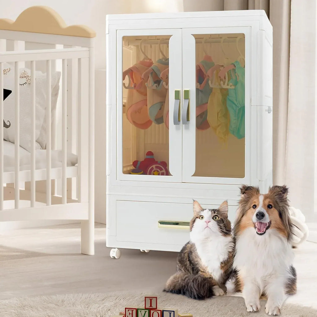 Pet Wardrobe Closet - Stackable Storage Bins with Doors, Wheels, and Hanging Rods - Stackable Drawers - Dog Accessories, Toys, Clothes
