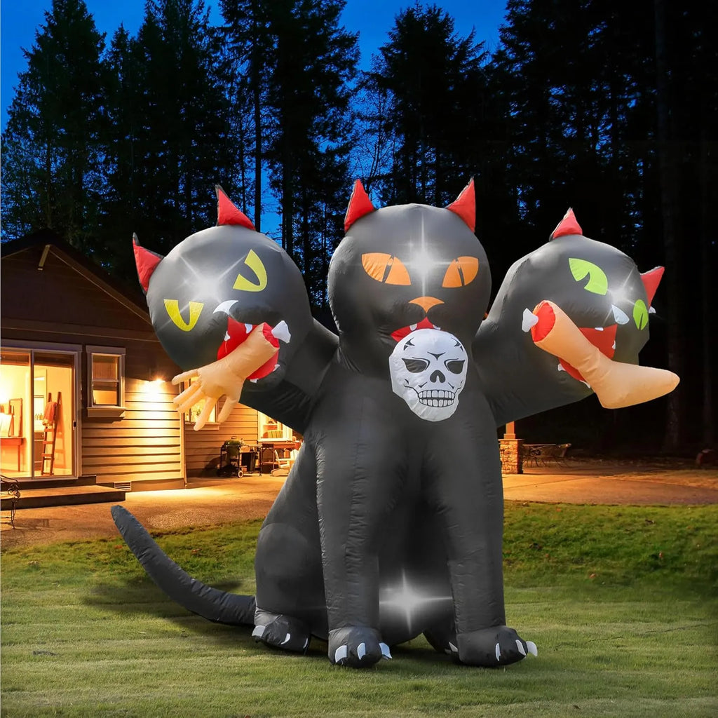 6.5 FT Halloween Inflatables Outdoor Black Cat with 3 Heads,Blow Up Yard Decoration with Magic Built-in LED Lights for Halloween Party Outdoor Yard Garden