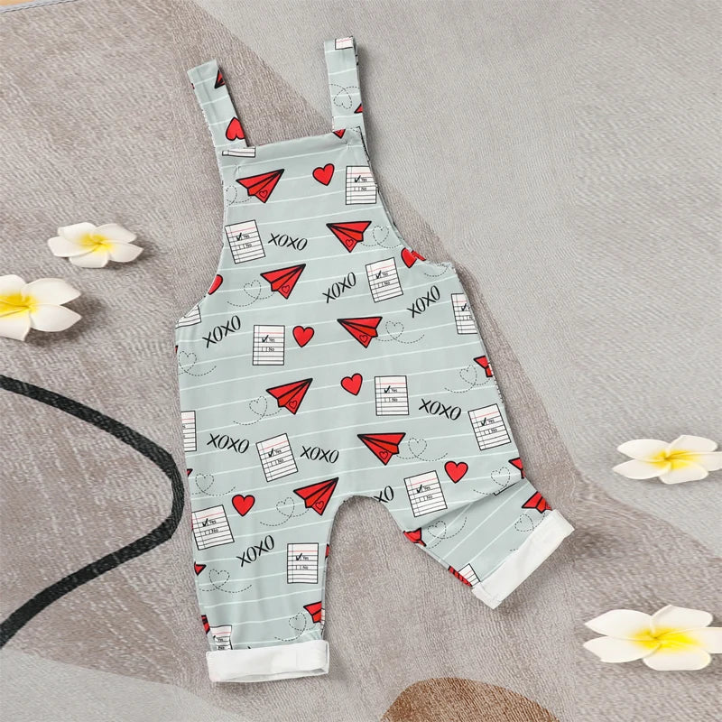Baby Boy Girl's Casual Heart & Paper Plane Print Overalls, Adjustable Strap Romper For Spring Fall