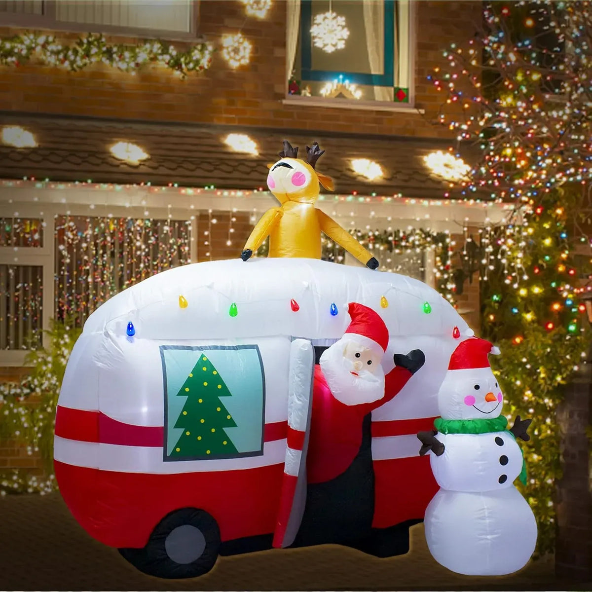 8FT Christmas Inflatable Santa Snowman Camper Inflatables Decoration with LED Lights Outdoor Yard to Blow Up Christmas Car Easter Decorations